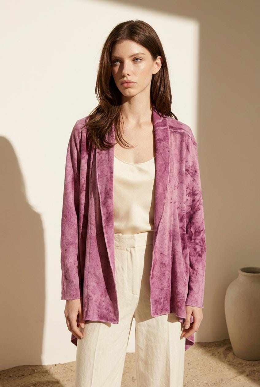 Hand Dyed Hemp Fleece Cardigan | Purple Boho Sweater | Open Front Duster | One of a Kind Natural Dye | Lac Purple