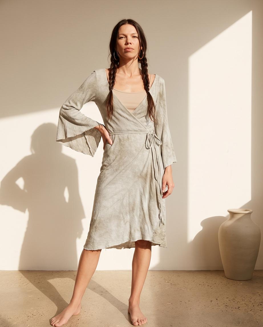 Sage Green Grey Wrap Dress | Bell Sleeve Boho Midi Dress | Natural Dye Hemp Cotton | Long Sleeve Handmade