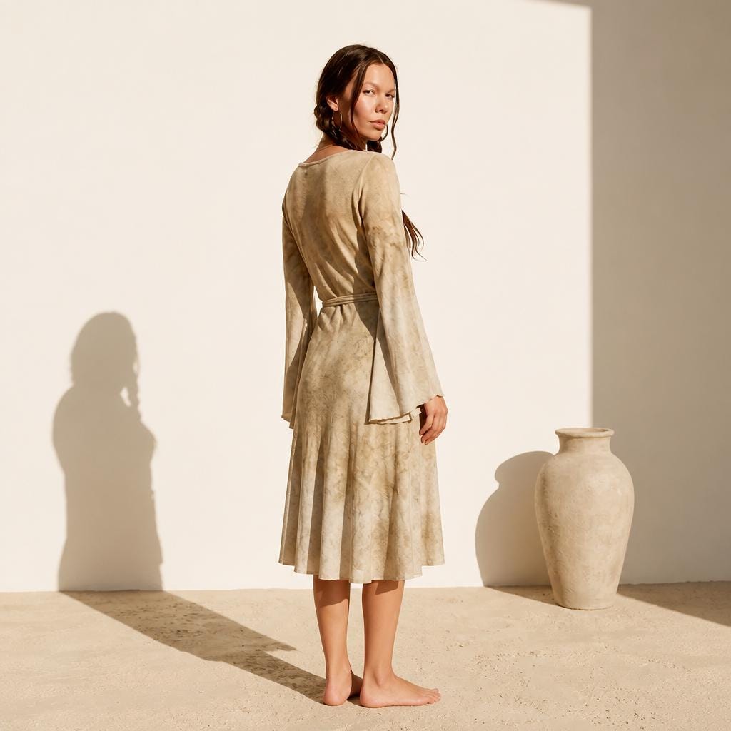 Sage Green Grey Wrap Dress | Bell Sleeve Boho Midi Dress | Natural Dye Hemp Cotton | Long Sleeve Handmade