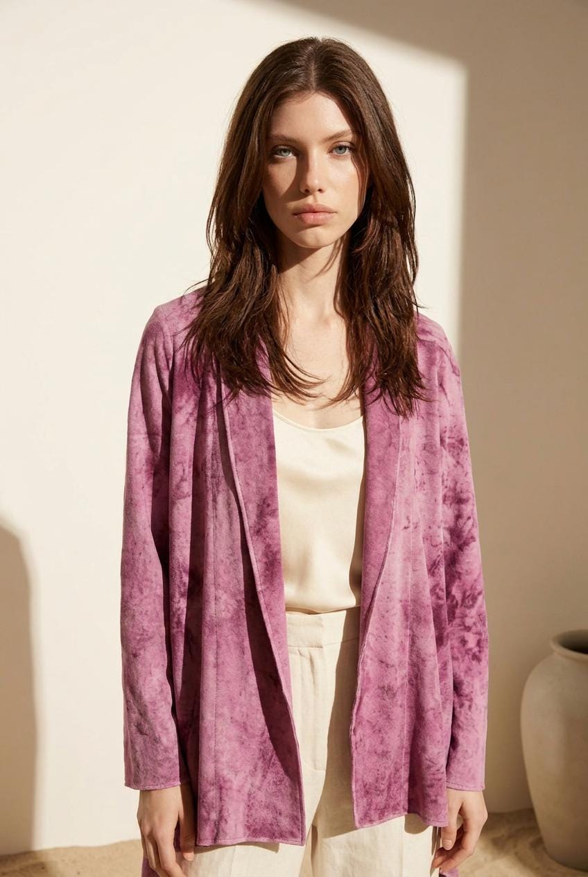 Hand-dyed hemp fleece cardigan in rich purple, draped open-front collarless silhouette
