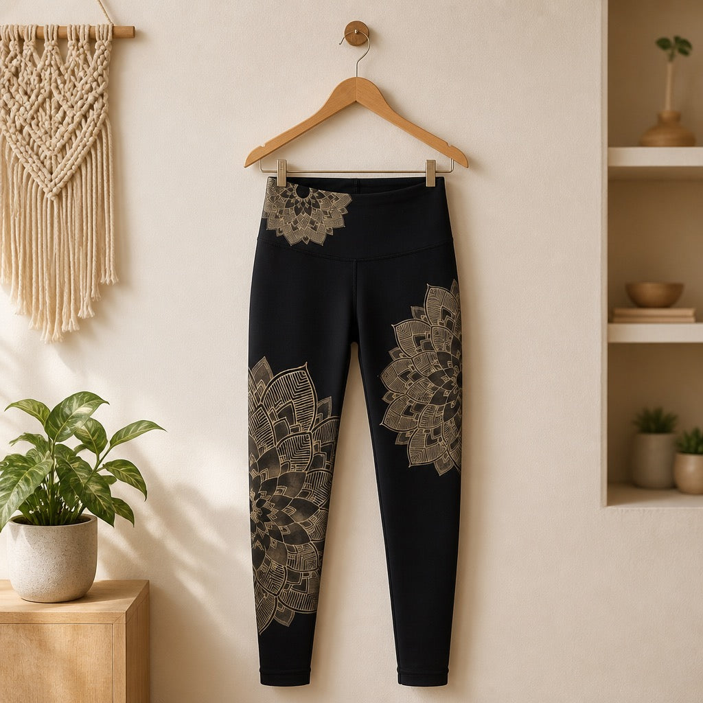 Black leggings with floral patterns hanging on a wooden hanger against a beige wall.