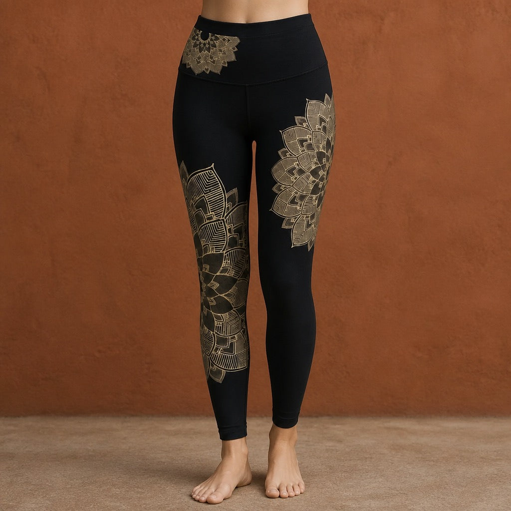Black leggings with gold geometric patterns on a brown background
