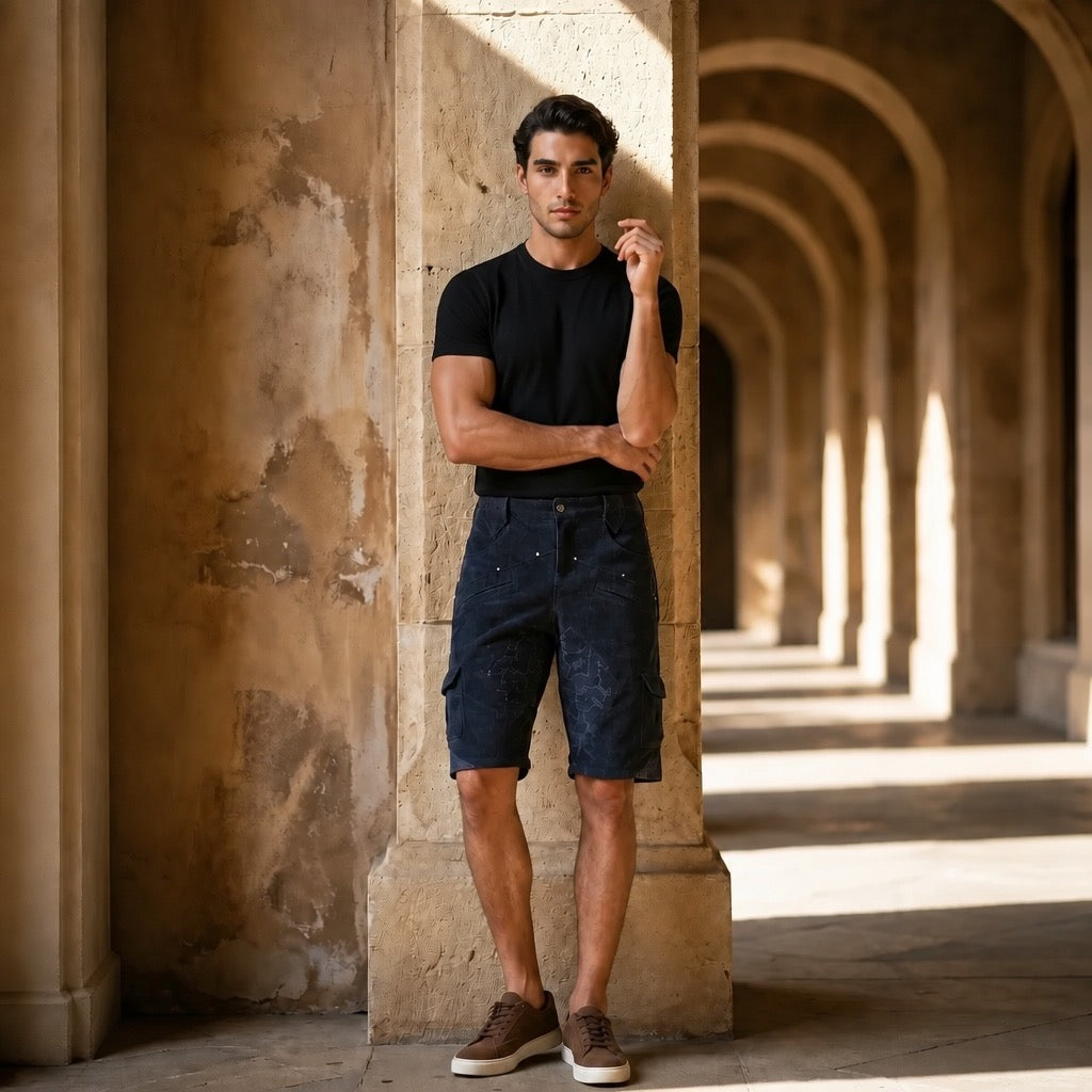 Man in black shirt and corduroy shorts standing in a sunlit archway